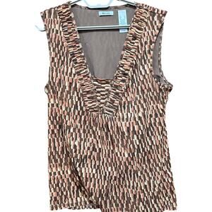 Liz Co Womens Tank Top XL Brown All Over Print V Neck Career Sleeveless Colorful
